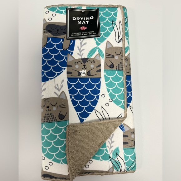 Kitchen Microfiber Dish Drying Mat Cat Fish Purrmaid 13.5”x 20” Blue Green NEW - Picture 1 of 9